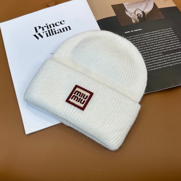 ☂️Miu Miu Ivory Ribbed Beanie with Logo Patch